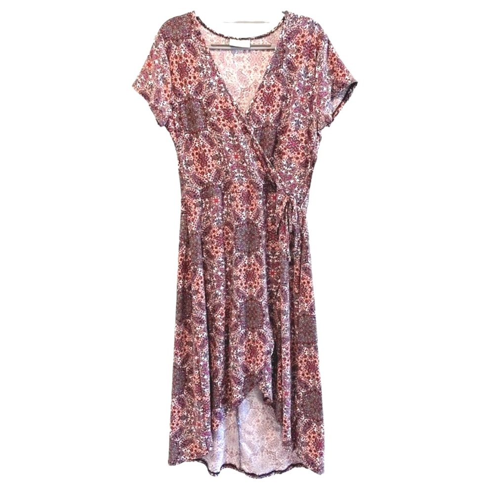 Bobbie Brooks NWT Wrap Dress Pink Paisley Boho Hi-Low Short Sleeve Womens Large